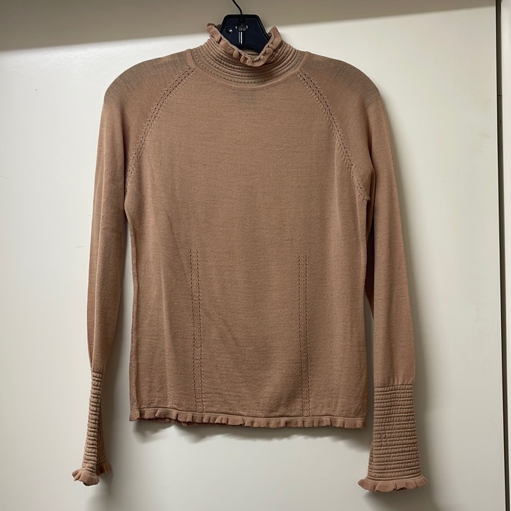 Super fine Marino wool blouse with great detailing & ruffles at turtleneck & hem